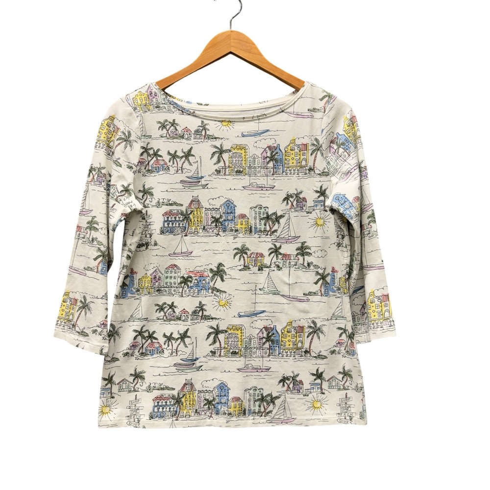 Talbots T-Shirt Womens MP Petite Medium Tee White Coastal Village Boat Print